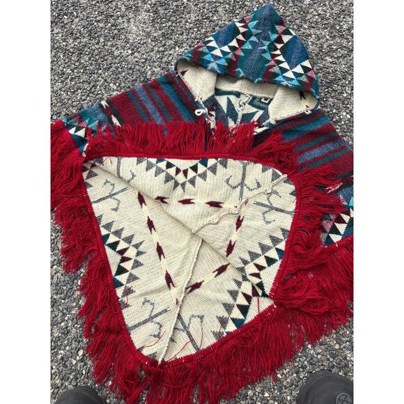 Boho native Aztec poncho youth, blue green, red fringe - Picture 3 of 5